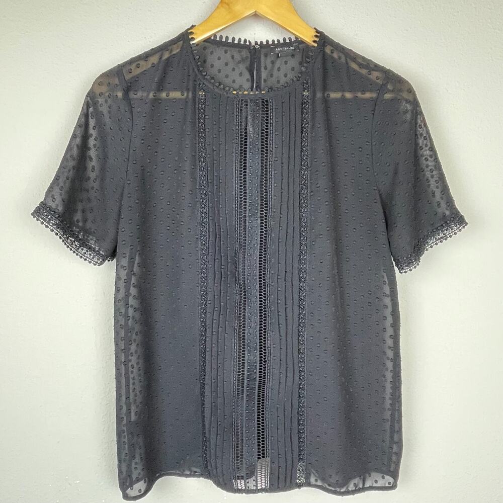 Ann Taylor XS‎ Black Sheer Swiss Dot Top – Whimsigoth Pleated Festival Blouse